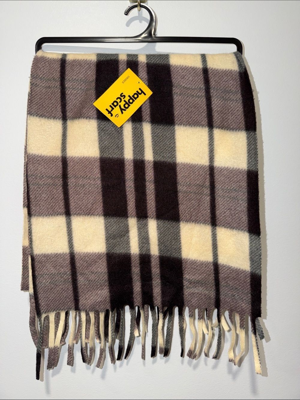 happy scarf polyester black brown beige plaid fringe unisex scarf